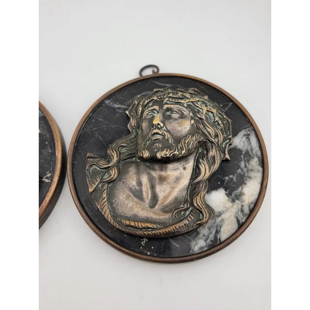 1950s Rare One Of Kind Antique Jesus & Mary Wall Hanging Bronze & Green Marble Plaques For Sale - Image 5 of 12
