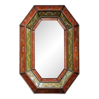 Mid 20th Century Large Italian Style Verre Églomisé Reverse Painted Glass Mirror, Hollywood Regency Style, 49″ For Sale