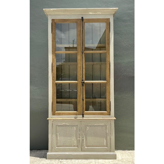 Vintage Distressed Wood and Glass Tall Cabinet For Sale - Image 4 of 14