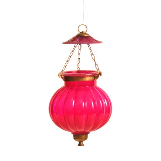 Indian Rajasthani Style Pumpkin-Shaped Pink Hand-Blown Glass Lantern with Brass Accents, 1970s For Sale