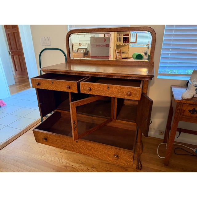 Antique Quarter-Sawn Oak Sideboard / Buffet With Mirror — Early 1900s For Sale - Image 4 of 4
