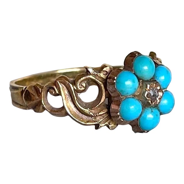 Late 19th Century Victorian Turquoise Diamond Forget-Me-Not Ring Locket Back 15k Size 6.5 For Sale