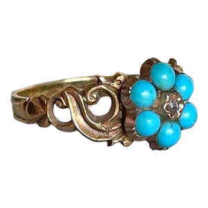 Late 19th Century Victorian Turquoise Diamond Forget-Me-Not Ring Locket Back 15k Size 6.5
