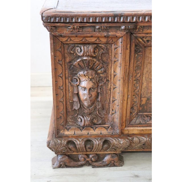 Wood Antique Blanket Chest in Hand-Carved Walnut, 1600s For Sale - Image 7 of 17