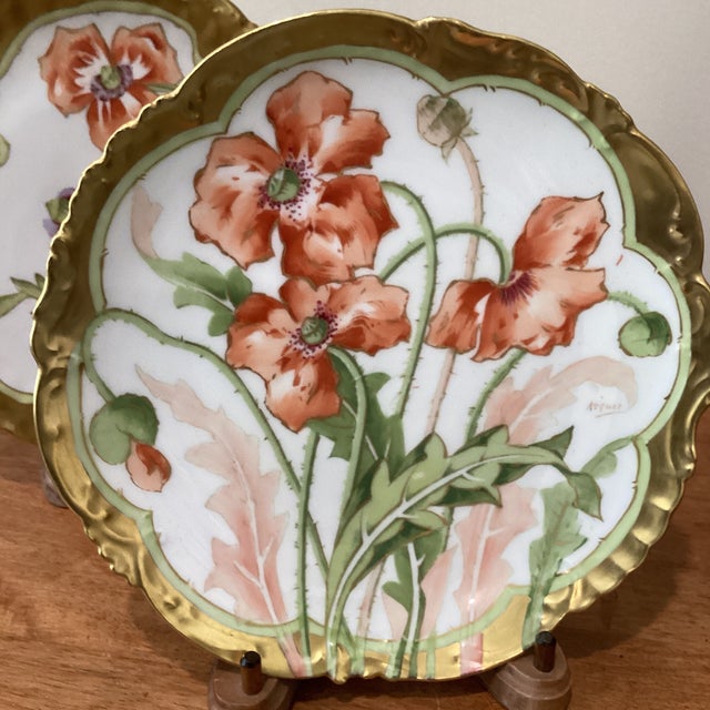 Early 20th Century Antique French Pair of Elite Limoges Floral Art Porcelain Plates Artist Signed and Stamped For Sale - Image 5 of 12
