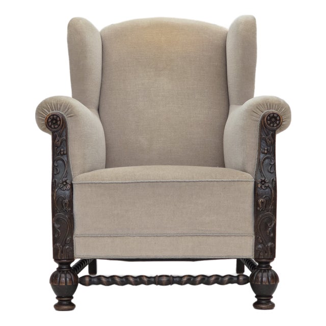Danish Wingback Armchair in Velour and Carved Oak, 1950s For Sale