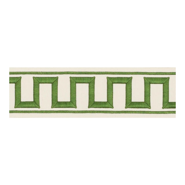 Schumacher X Miles Redd Greek Key Embroidered Tape Trim in Green For Sale