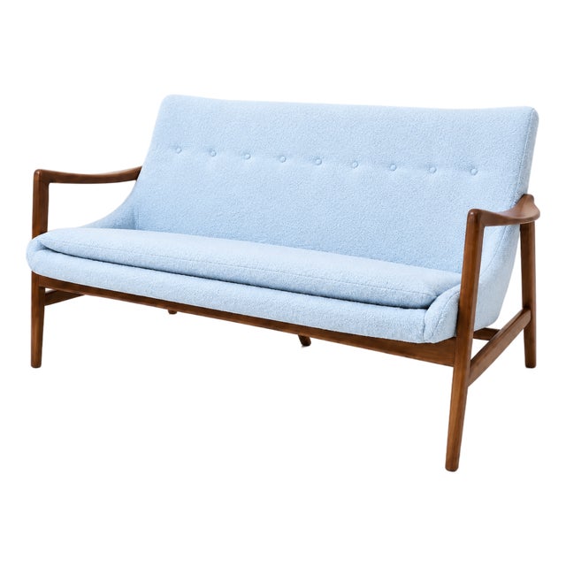 Modern Mid Century Style Sofa Baby Blue Chenille For Sale
