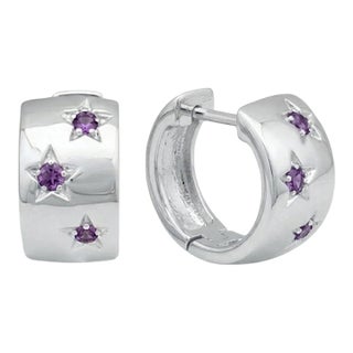 Amethyst Star Hoop Earrings, Sterling Silver Huggie Hoops, Purple Gemstone Earrings, Birthstone Jewelry - A Pair For Sale