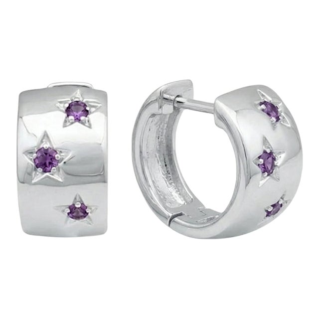 Amethyst Star Hoop Earrings, Sterling Silver Huggie Hoops, Purple Gemstone Earrings, Birthstone Jewelry - A Pair For Sale