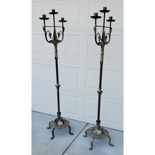 Pair of 1920s Antique Wrought Iron Torchiere Candelabras Floor Candle Stands For Sale - Image 12 of 12