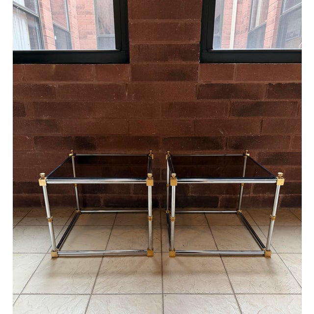 Mid-Century Modern Vintage 1970s Maison Jansen Chrome, Brass & Smoked Glass End Tables, Italian Modern For Sale - Image 3 of 7