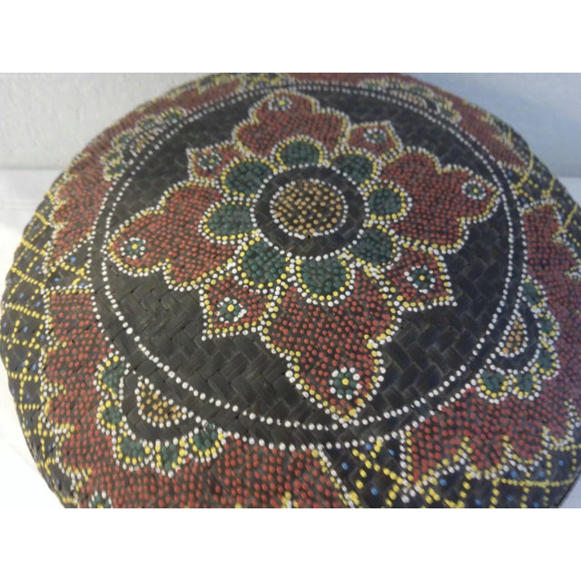 Vintage Hand-Painted Dot Art Boho Lidded Rattan Basket For Sale - Image 4 of 7