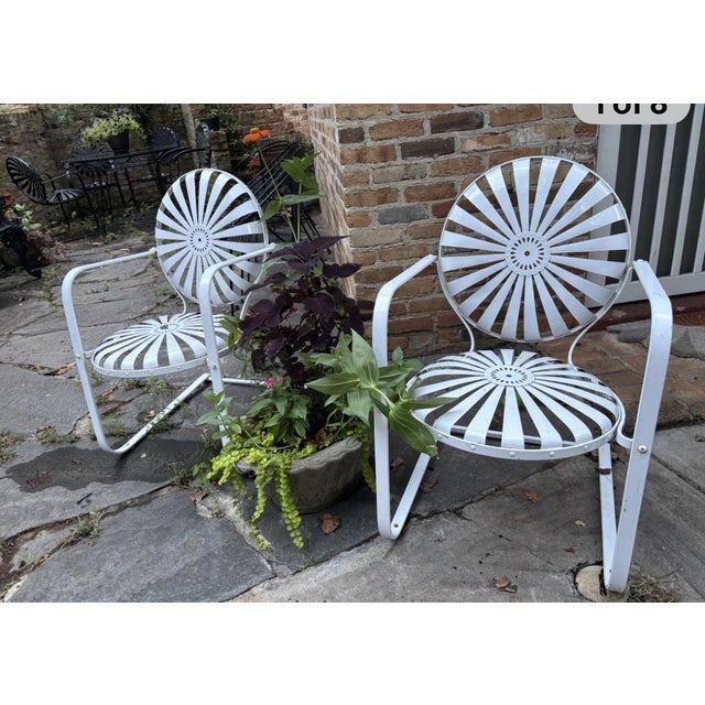 pair of francois carre cantilever garden rocking chair, in semi-gloss white c.1930’s French art deco wrought iron & spring...
