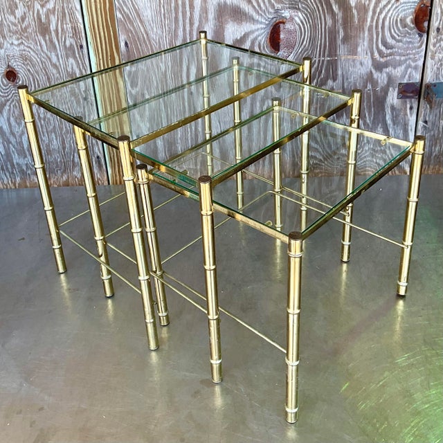 Late 20th Century Vintage Boho Brass Bamboo Nesting Tables - Set of 3 For Sale - Image 4 of 7