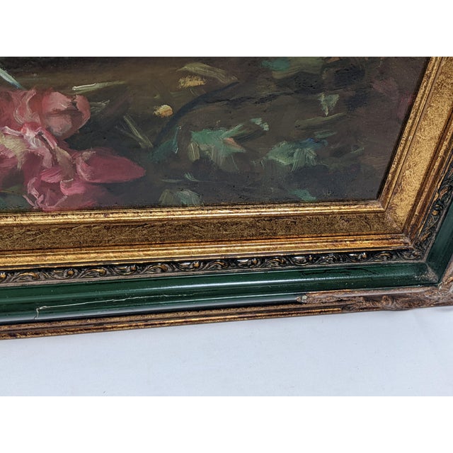 Late 19th Century Attributed Sophie-Vera Bovet Large Vivid Floral Figurative Oil Painting, Green & Gold Gilt Frame For Sale - Image 16 of 17