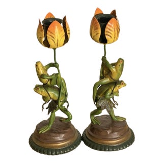 Vintage Whimsical Pair of Bronze and Tole Frogs & Flower Candlesticks. For Sale