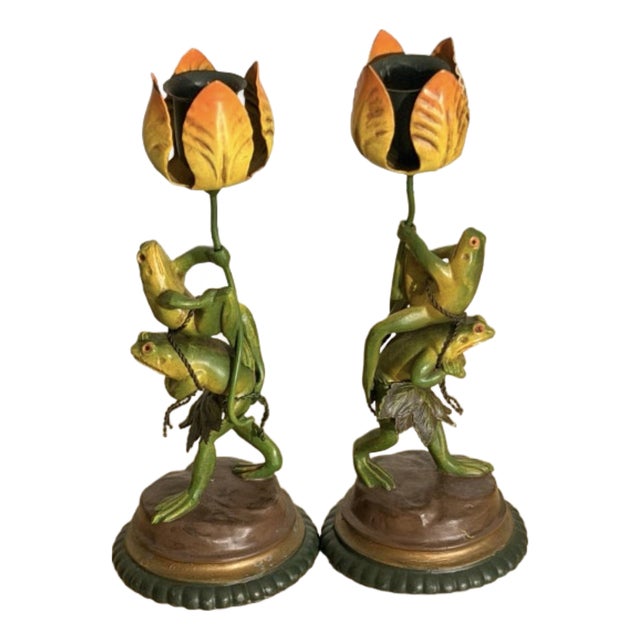 Vintage Whimsical Pair of Bronze and Tole Frogs & Flower Candlesticks. For Sale