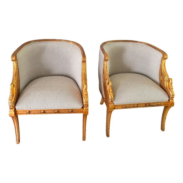 Pair of Mid 20th Century French Empire Style Barrel-Back Carved and Gilt Chairs For Sale