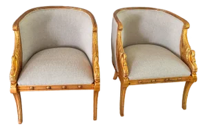 Pair of Mid 20th Century French Empire Style Barrel-Back Carved and Gilt Chairs