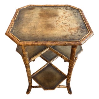 Mid 20th Century Burnt Bamboo Octagon Leather Top Table For Sale