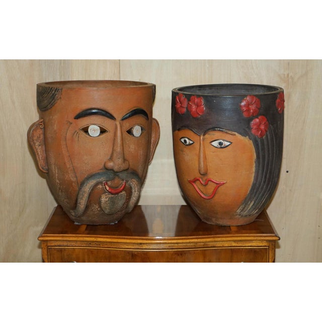 Rare and collectable pair of Mexican circa 1960’s hand painted terracotta larger planter pots A very good looking well...