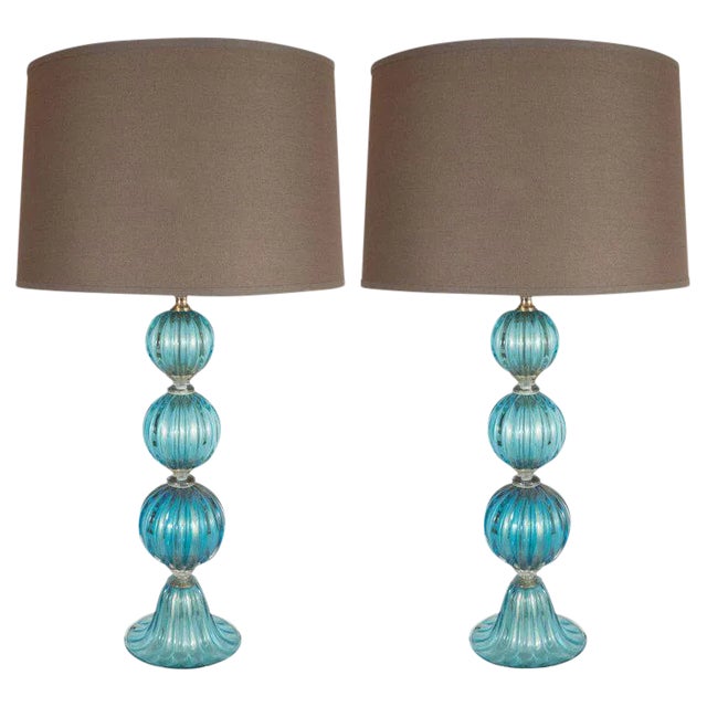 Modernist Ribbed and Banded Turquoise With 24kt Gold Flecks Table Lamps - a Pair For Sale