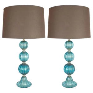 Modernist Ribbed and Banded Turquoise With 24kt Gold Flecks Table Lamps - a Pair
