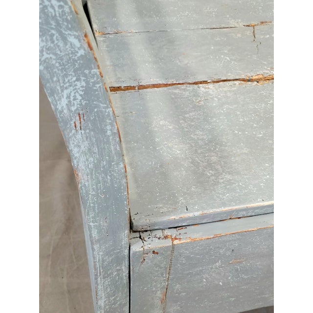 Antique 19th Century Swedish Storage Bench With Blue/Gray Paint and Linen Cushion For Sale - Image 10 of 18