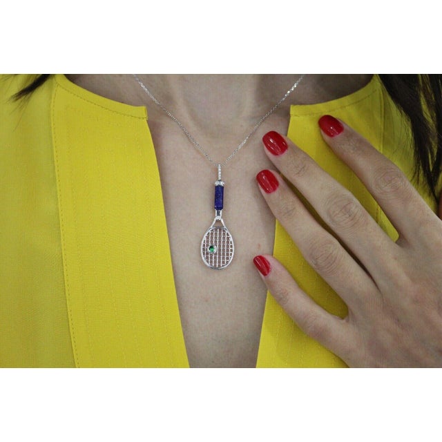 Early 21st Century Tennis Racket Blue Lapis Lazuli Handle Green Emerald Tennis Ball Jewelry 18 Karat For Sale - Image 5 of 7