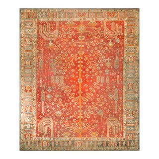 1890s Red Rust Tribal Cypress Tree Antique Turkish Oushak Rug 13'10" X 17' Handknotted Wool Carpet For Sale
