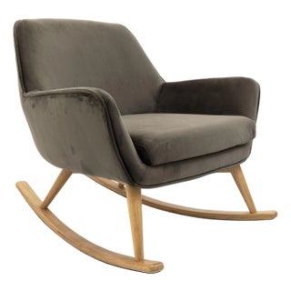 Contemporary Gray Velvet Upholstered Rocking Chair With Wooden Runners For Sale