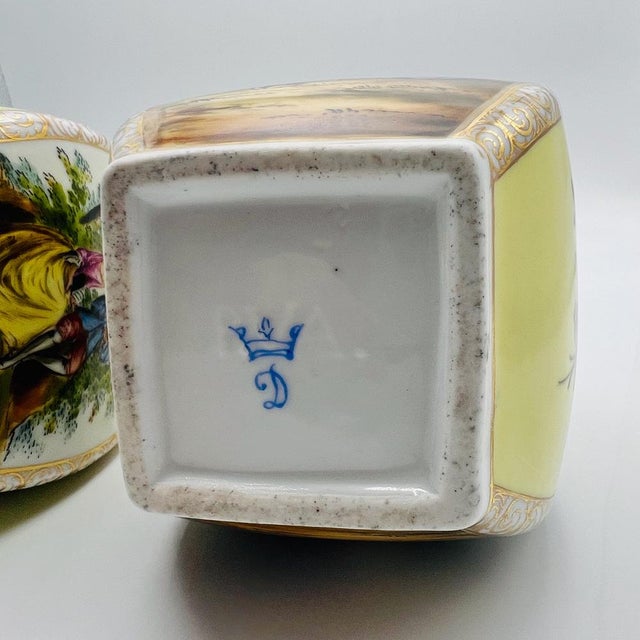 Porcelain Vases with Yellow Ground and Watteau Scenes from Helena Wolfsohn Dresden, 1875, Set of 2 For Sale - Image 12 of 13