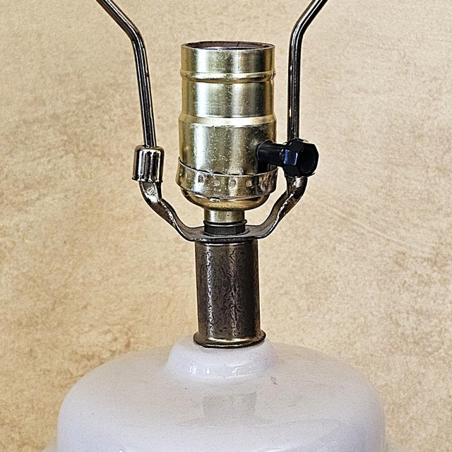 Ceramic Vintage American Ivory Glazed Ceramic Table Lamp With Brass Base and Embossed Bell Shade For Sale - Image 7 of 18