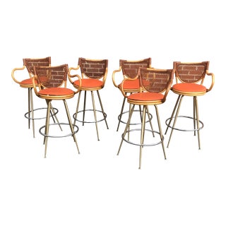 1970s Vintage Rattan and Orange Vinyl Swivel Bar Stools- Set of 6 For Sale