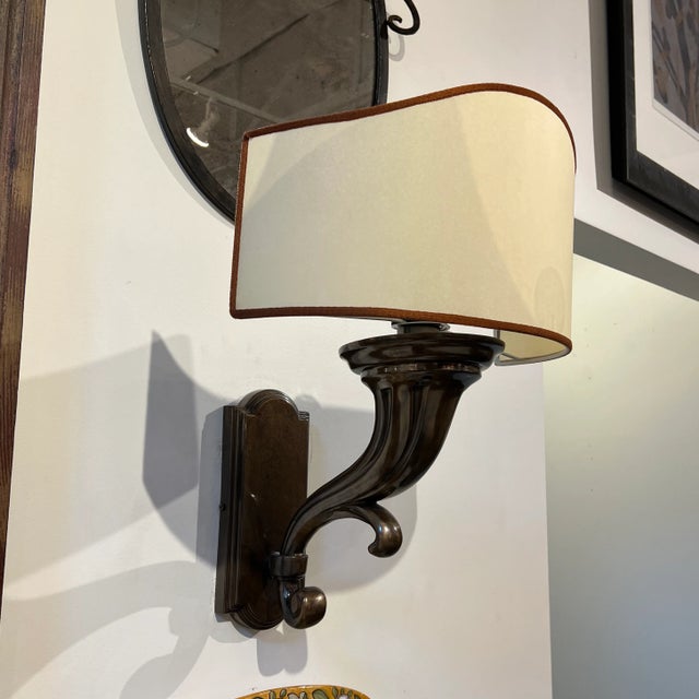 1990s Italian Brass Oxidize Finish Wall Sconces With Ivory Color Lamp Shade For Sale - Image 4 of 12