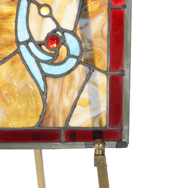 Burnt Orange Arts & Crafts Leaded Slag & Jeweled Stained Glass Window with Stylized Owl, Circa 1920 For Sale - Image 8 of 12