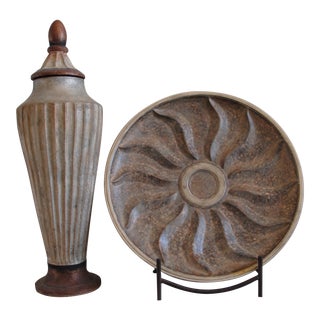 Tuscan Style Decorative Plate and Tall Urn For Sale
