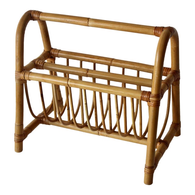 Mid-Century French Style Bentwood Bamboo Rattan Magazine Book Newspaper Rack Caddy Vintage For Sale