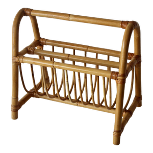 Mid-Century French Style Bentwood Bamboo Rattan Magazine Book Newspaper Rack Caddy Vintage