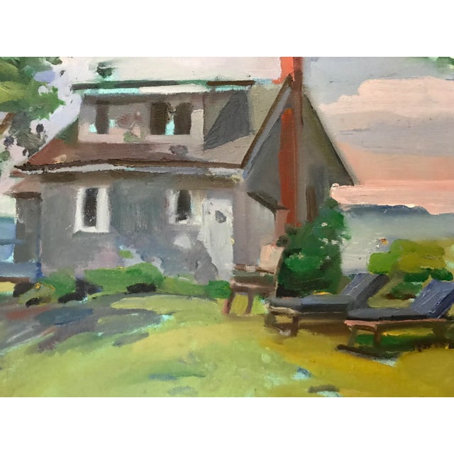 This original oil painting by David Beynon Pena shows a gray house on a hill in the countryside.