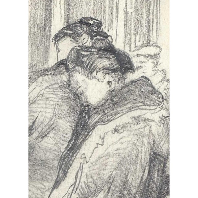 Drawing of figures in traditional outfits at a train station by a Japanese artist. Some pages from the sketchbook are...