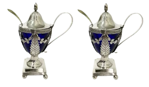 Dutch Blue Crystal Mustard Pot with Silver Mount by Jan Van Der Cop, 1833, Set of 2