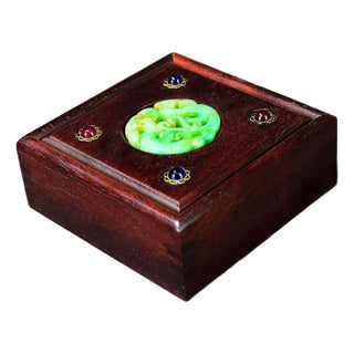 Vintage Chinese Rosewood Jewelry Box With Jade & Gemstone Inlay – Chinoiserie Decor For Sale