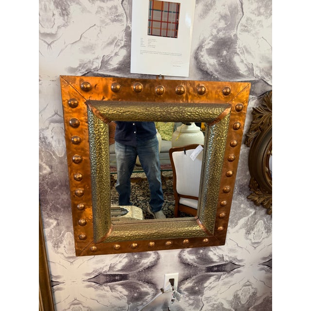 Brutalist Hand Hammered Copper and Brass Riveted Wall Mirror For Sale - Image 9 of 9