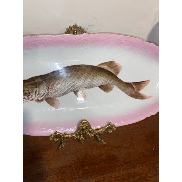 Ceramic Antique Fish Platter ServeWare . Victorian Porcelain Fish Platter With a Hand-Painted Muskellunge, Circa 1891. 24.5” For Sale - Image 7 of 12