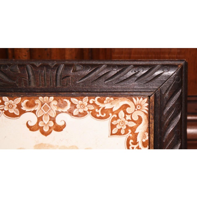 19th Century French Carved Oak Musical Hot Dish Trivet With Hand-Painted Tile For Sale - Image 4 of 6