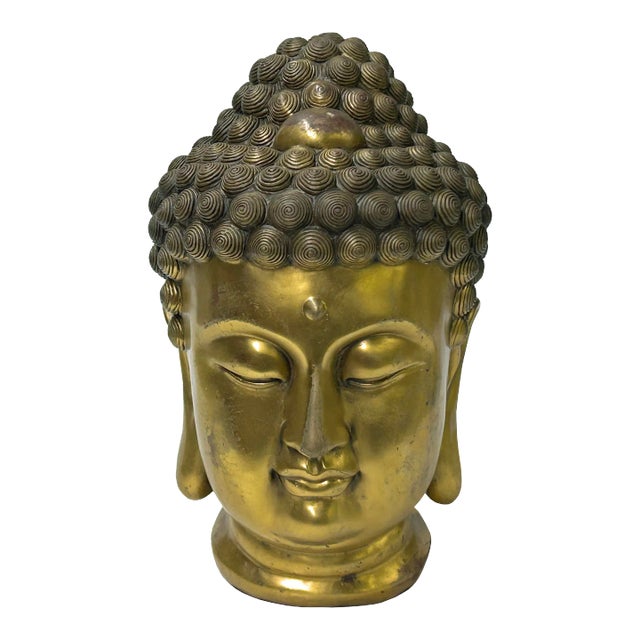 Vintage Chinese Golden Copper Color Metal Buddha Head Figure For Sale