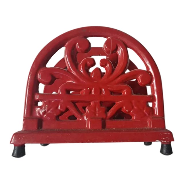 modernVintage 1990s Red Enamel Cast Iron Napkin Holder For Sale