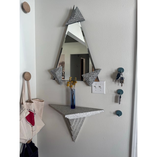 Vintage 1980’s Postmodern wall Mirror and shelf with grey speckled paint. In perfect condition, comes with hardware to...